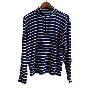 L.L. Bean 1/4 Zip Mock Neck Ribbed Knit Woman XL Striped Preppy Nautical Coastal